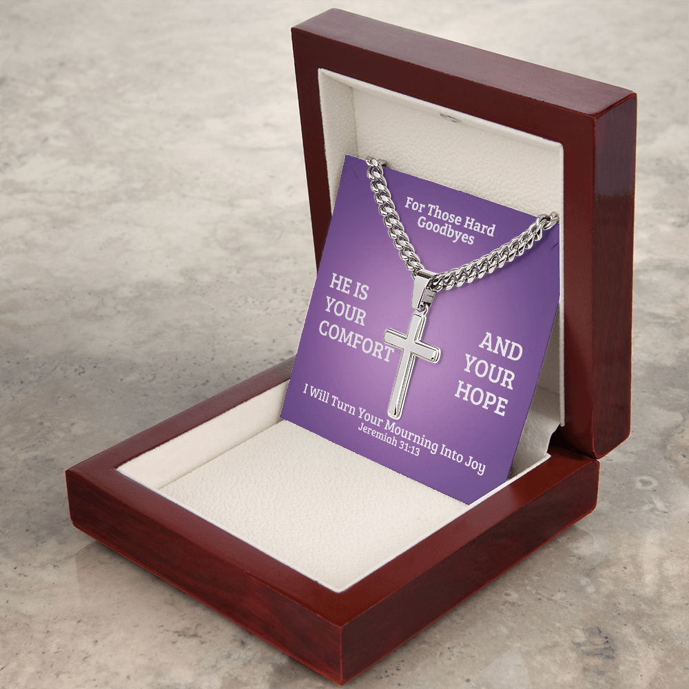 I Will Turn Your Mourning Into Joy (Jeremiah 31:13) | Premium Sterling Silver Cuban Link Cross Necklace