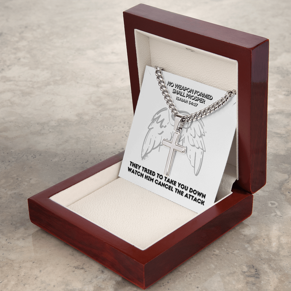 No Weapon Formed Shall Prosper (Isaiah 54:17) | Premium Sterling Silver Cuban Link Cross Necklace