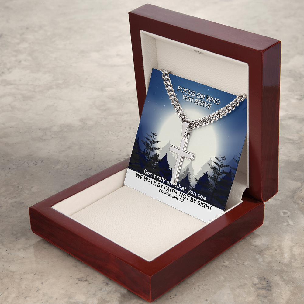 We Walk By Faith, Not By Sight (2 Corinthians 5:7) | Premium Sterling Silver Cuban Link Cross Necklace