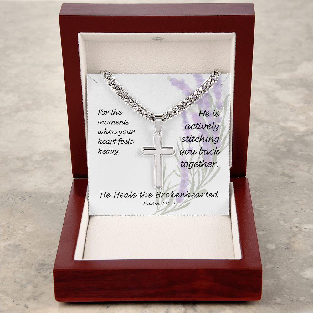 He Heals The Brokenhearted (Psalm 147:3) | Premium Sterling Silver Cuban Link Cross Necklace