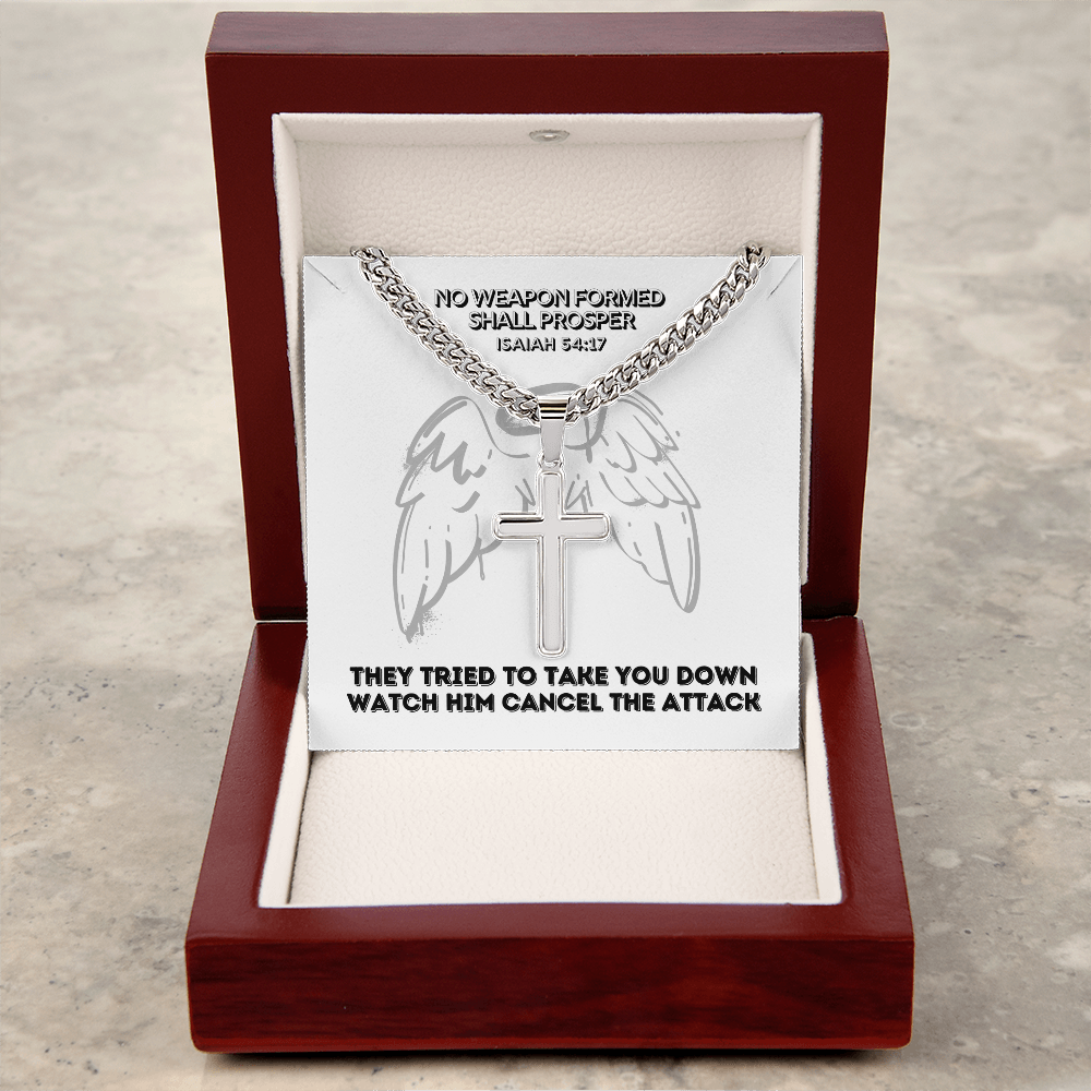 No Weapon Formed Shall Prosper (Isaiah 54:17) | Premium Sterling Silver Cuban Link Cross Necklace