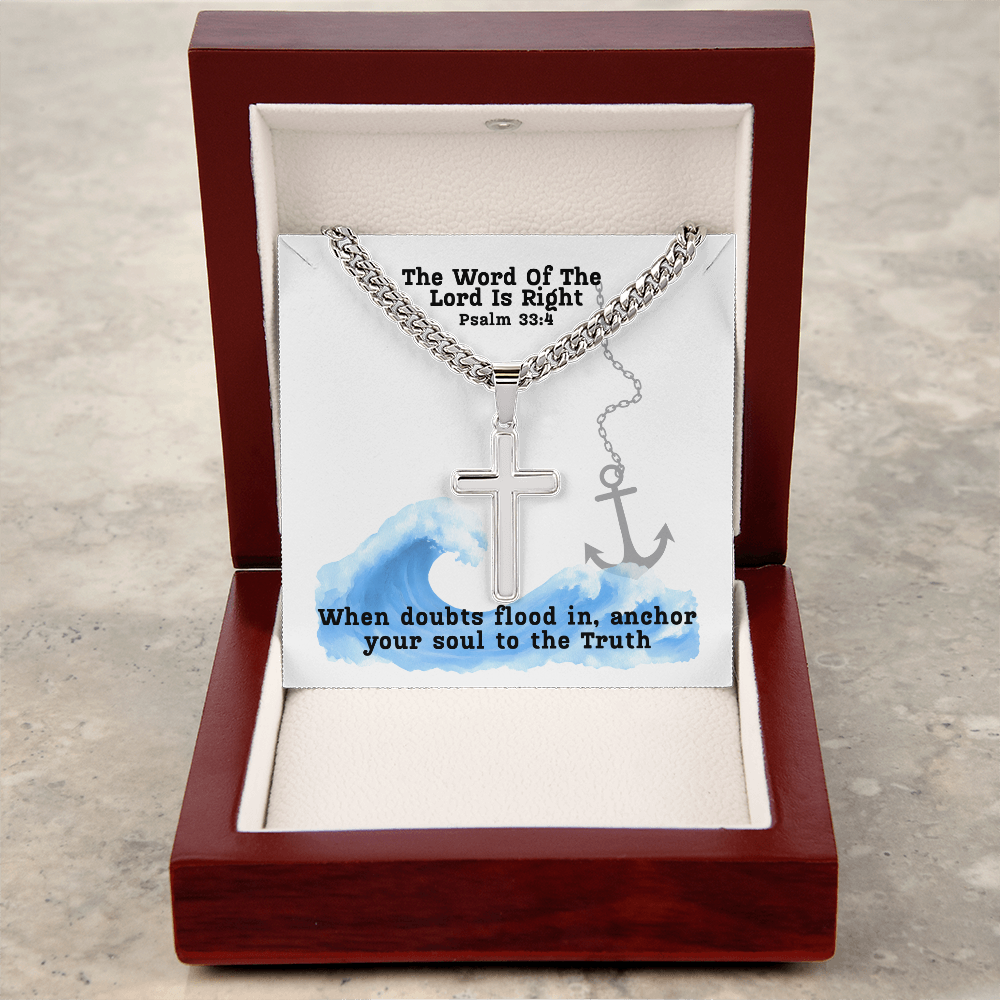 The Word Of The Lord Is Right (Psalm 33:4) | Premium Sterling Silver Cuban Link Cross Necklace