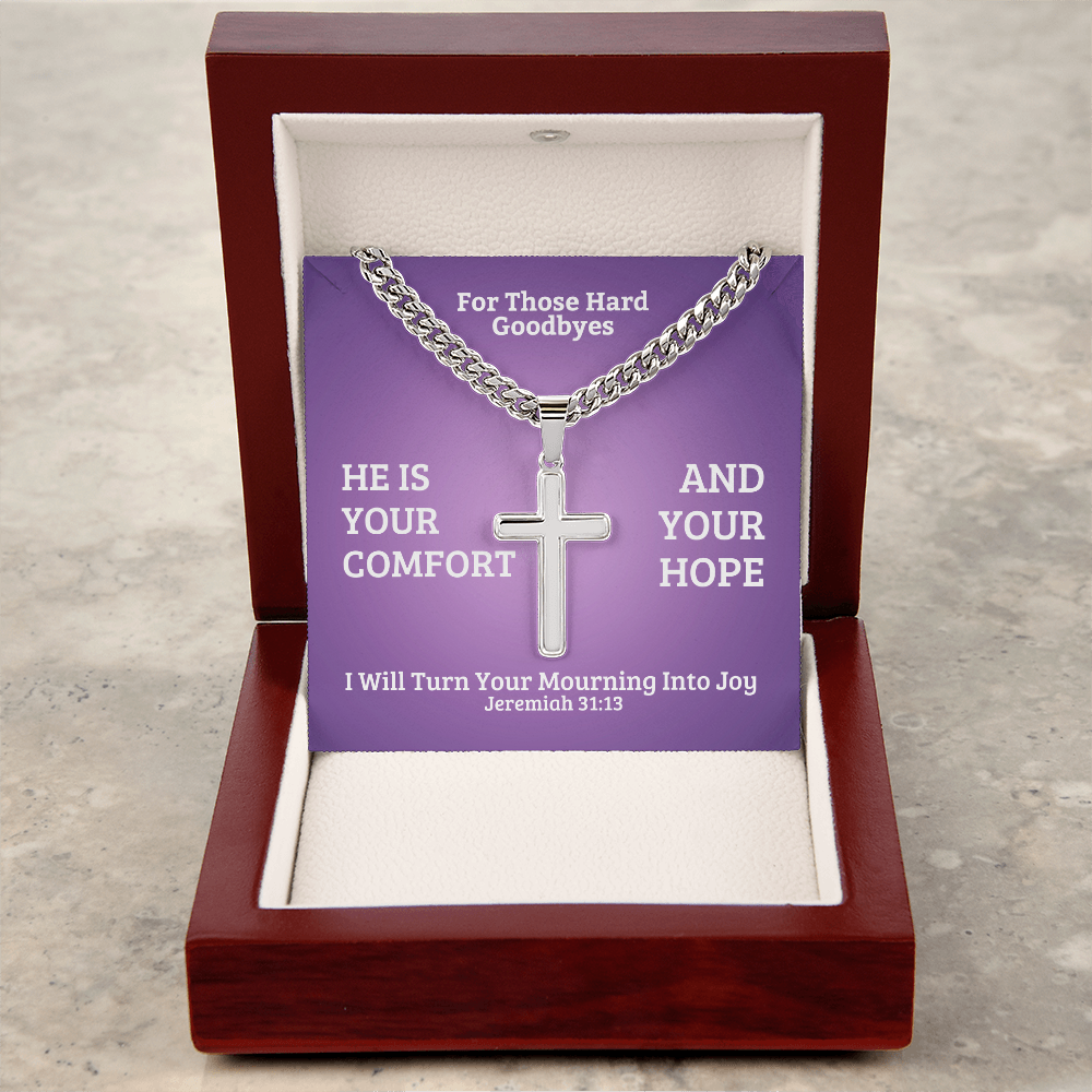 I Will Turn Your Mourning Into Joy (Jeremiah 31:13) | Premium Sterling Silver Cuban Link Cross Necklace