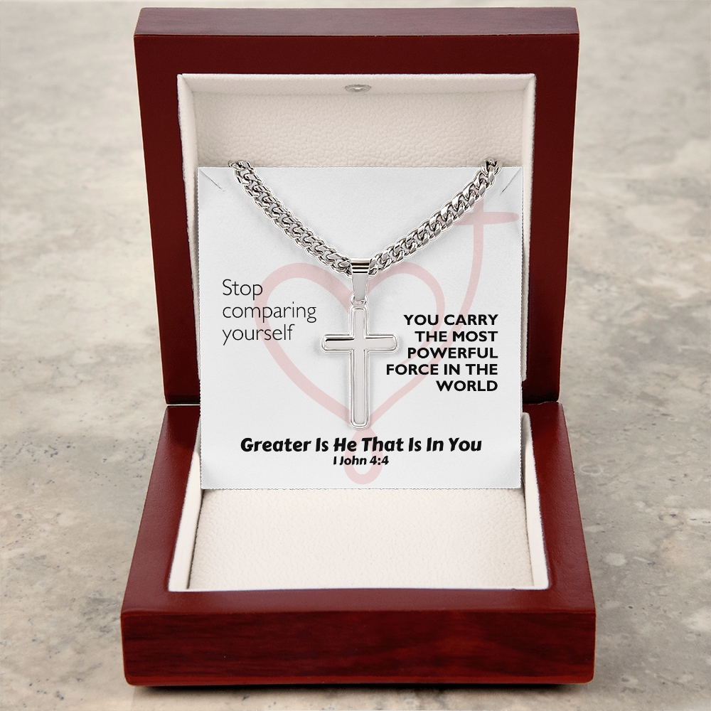 Greater Is He That Is In You (1 John 4:4) | Premium Sterling Silver Cuban Link Cross Necklace