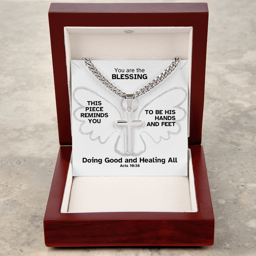 Doing Good And Healing All (Acts 10:38) | Premium Sterling Silver Cuban Link Cross Necklace