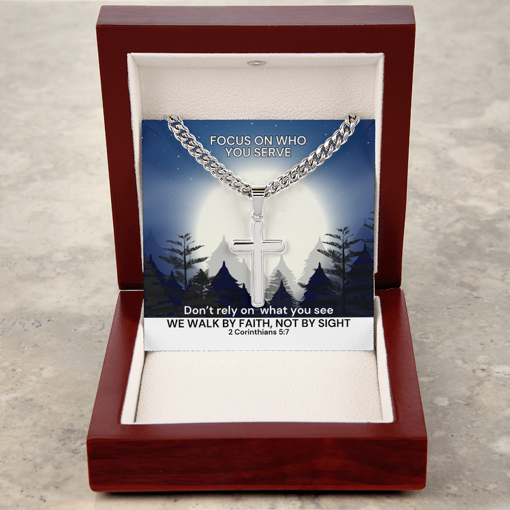 We Walk By Faith, Not By Sight (2 Corinthians 5:7) | Premium Sterling Silver Cuban Link Cross Necklace