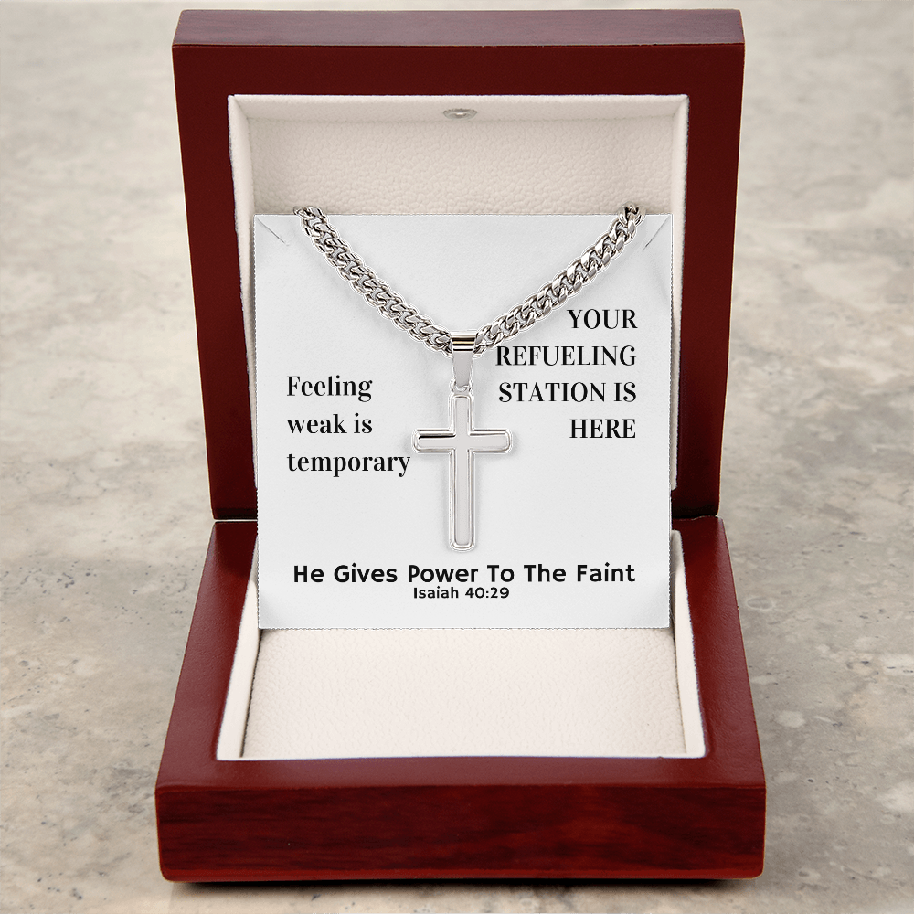 He Gives Power To The Faint (Isaiah 40:29) | Premium Sterling Silver Cuban Link Cross Necklace