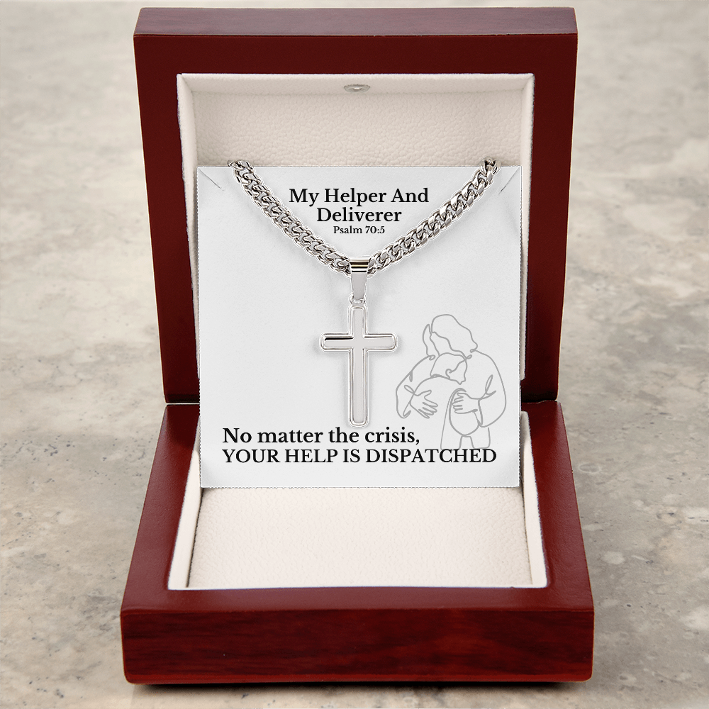 My Helper And Deliverer (Psalm 70:5) | Premium Sterling Silver Cuban Link Cross Necklace