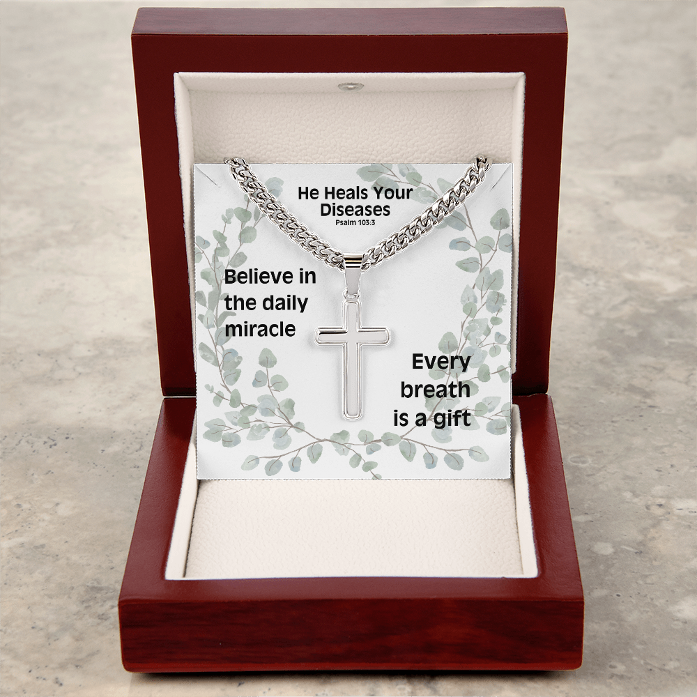 He Heals Your Diseases (Psalm 103:3) | Premium Sterling Silver Cuban Link Cross Necklace
