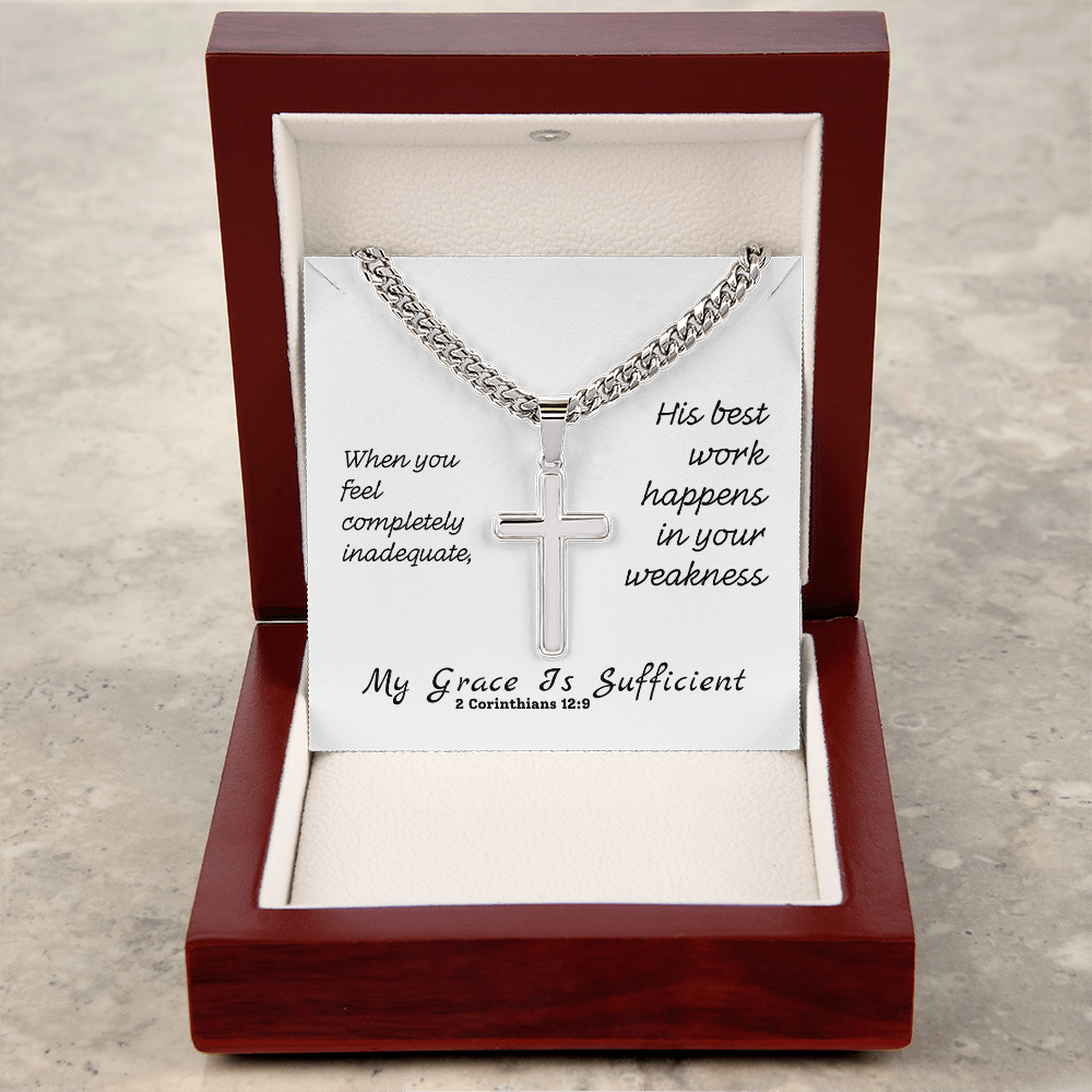 My Grace Is Sufficient (2 Corinthians 12:9) | Premium Sterling Silver Cuban Link Cross Necklace