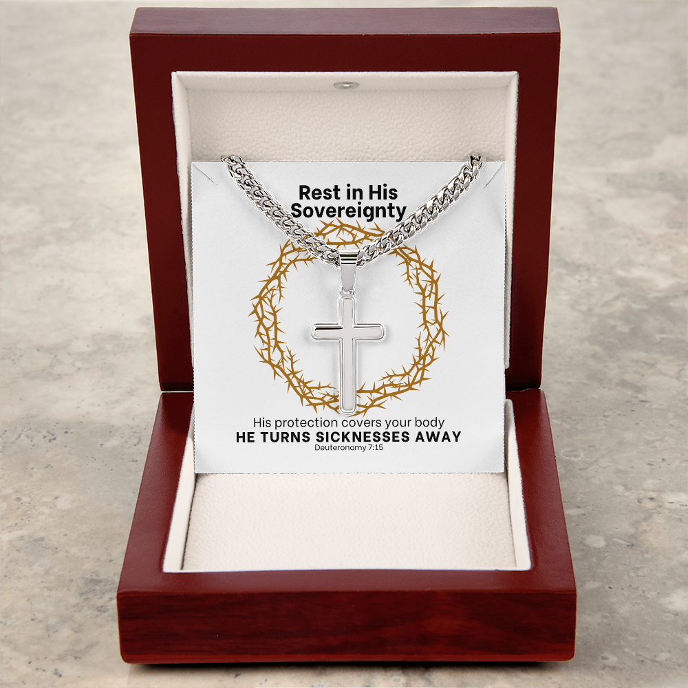 He Turns Sicknesses Away (Deuteronomy 7:15) | Premium Sterling Silver Cuban Link Cross Necklace