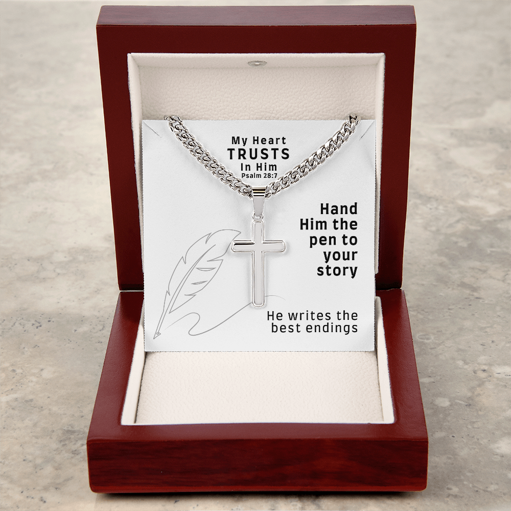 My Heart Trusts In Him (Psalm 28:7) | Premium Sterling Silver Cuban Link Cross Necklace