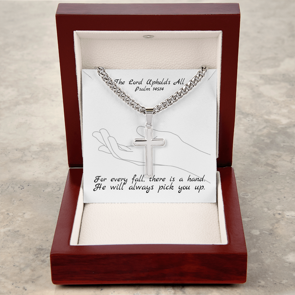 The Lord Upholds All (Psalm 145:14) | Premium Sterling Silver Cuban Link Cross Necklace