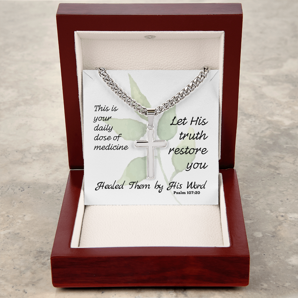 Healed Them By His Words (Psalm 107:20) | Premium Sterling Silver Cuban Link Cross Necklace