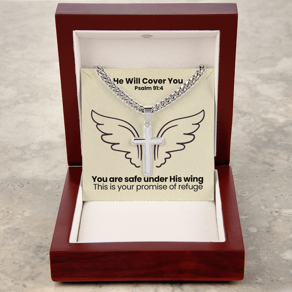 He Will Cover You (Psalm 91:4) | Premium Sterling Silver Cuban Link Cross Necklace