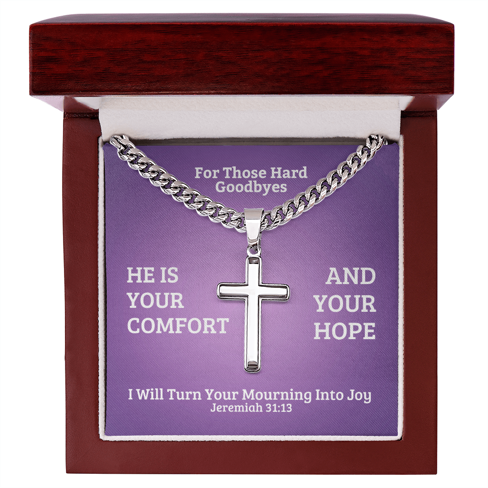 I Will Turn Your Mourning Into Joy (Jeremiah 31:13) | Premium Sterling Silver Cuban Link Cross Necklace
