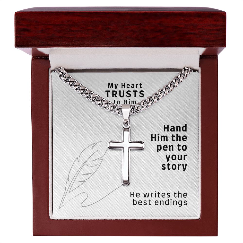 My Heart Trusts In Him (Psalm 28:7) | Premium Sterling Silver Cuban Link Cross Necklace