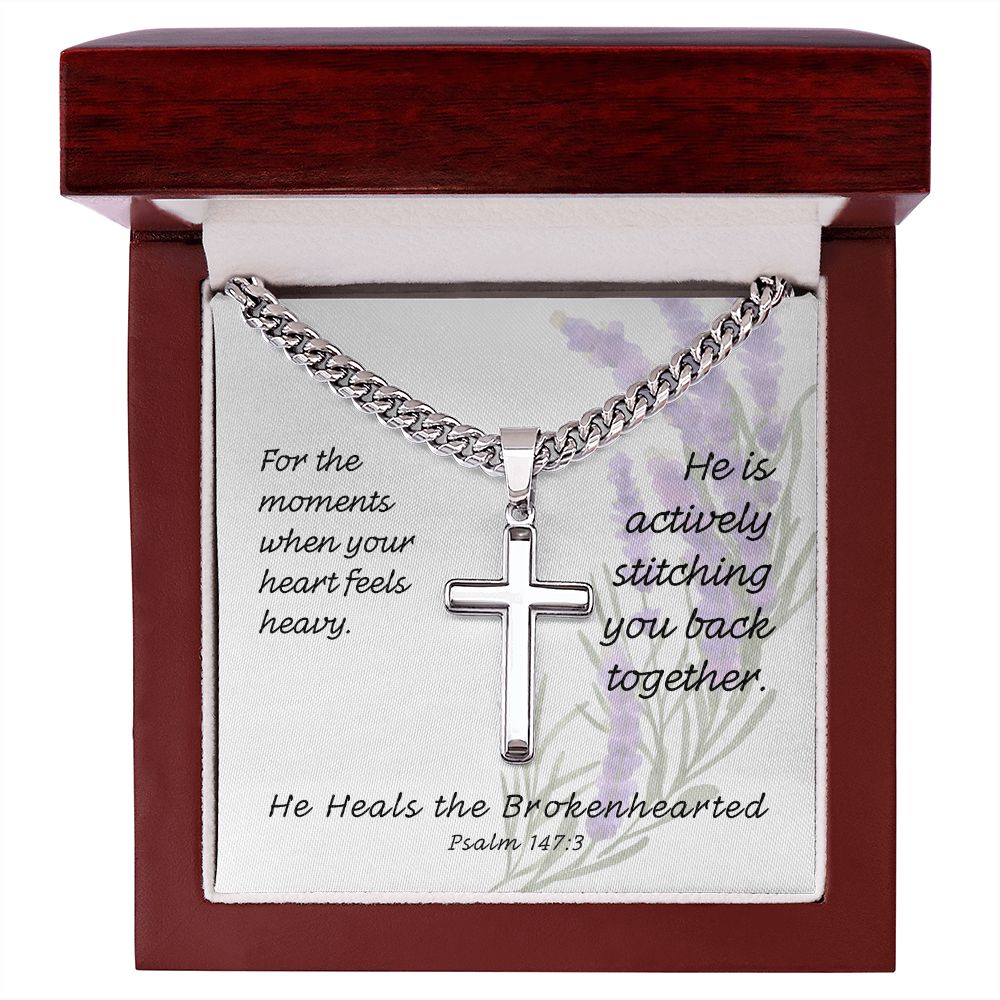 He Heals The Brokenhearted (Psalm 147:3) | Premium Sterling Silver Cuban Link Cross Necklace