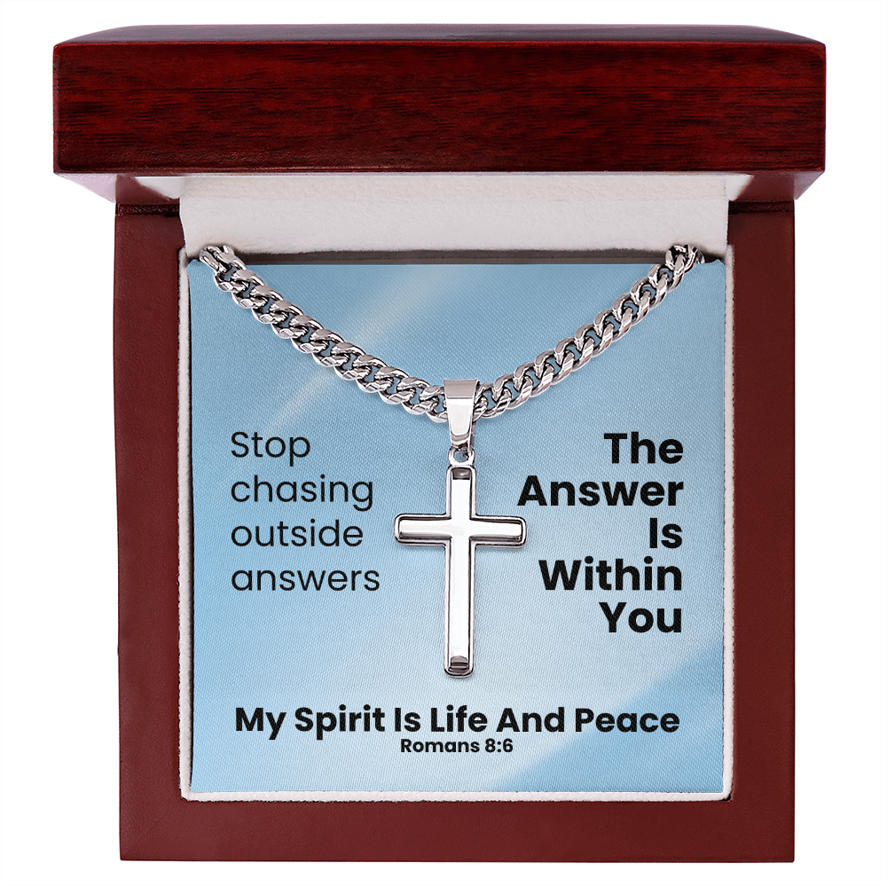 My Spirit Is Life And Peace (Romans 8:6) | Premium Sterling Silver Cuban Link Cross Necklace