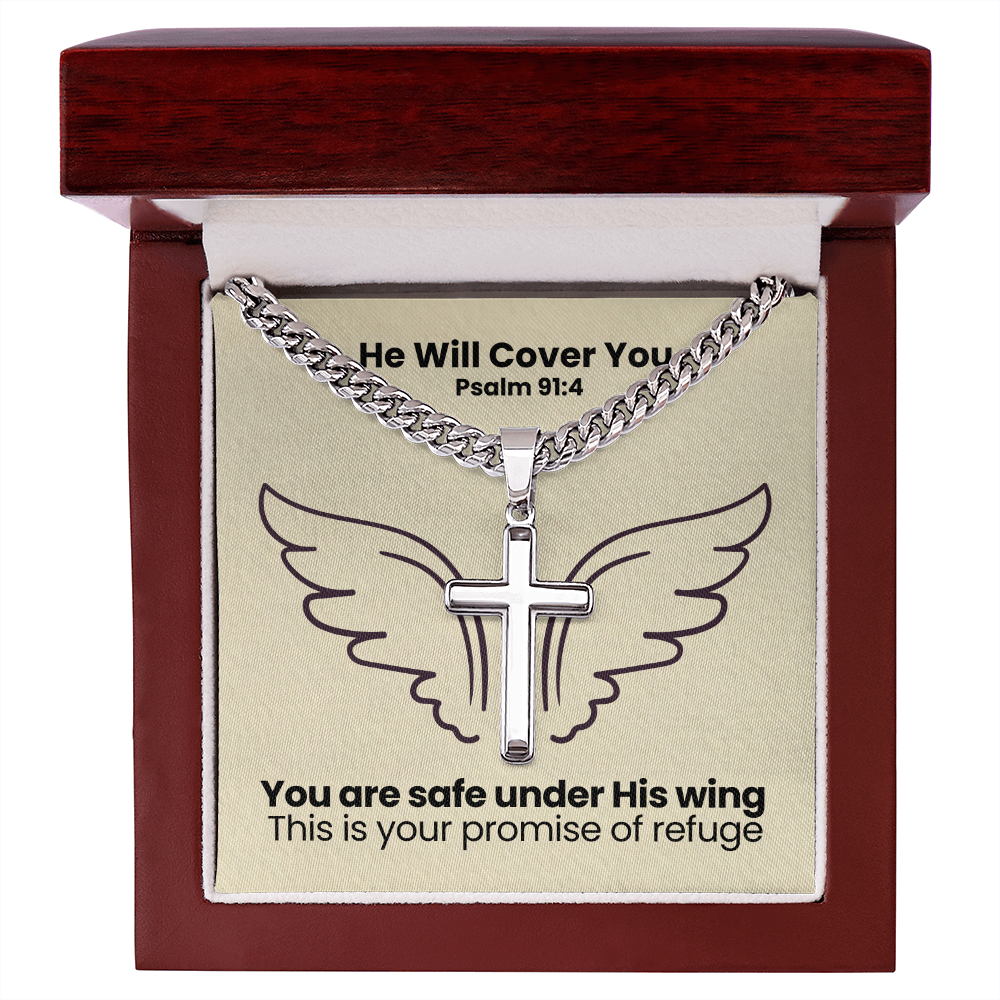 He Will Cover You (Psalm 91:4) | Premium Sterling Silver Cuban Link Cross Necklace