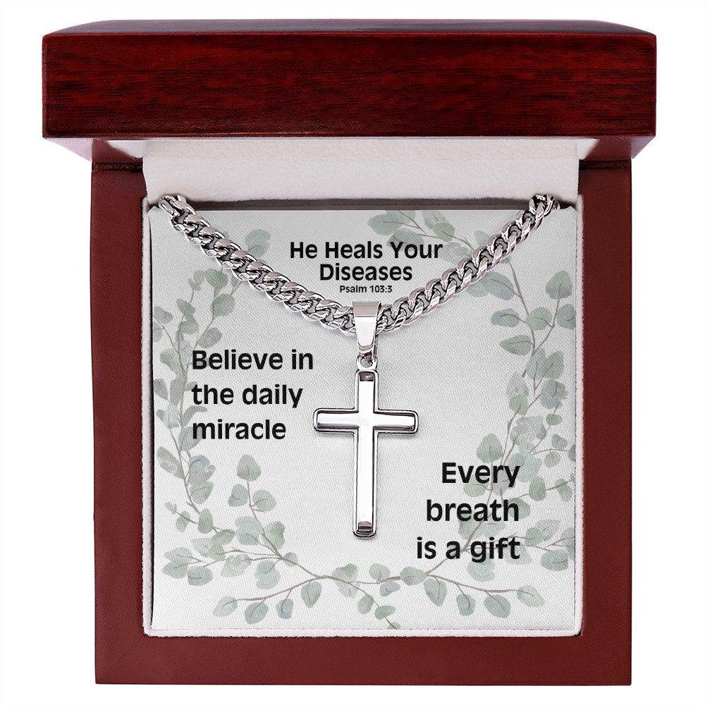 He Heals Your Diseases (Psalm 103:3) | Premium Sterling Silver Cuban Link Cross Necklace