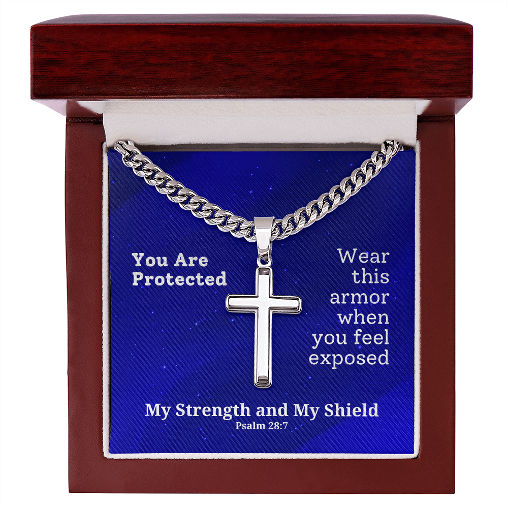 My Strength and My Shield (Psalm 28:7) | Premium Sterling Silver Cuban Link Cross Necklace