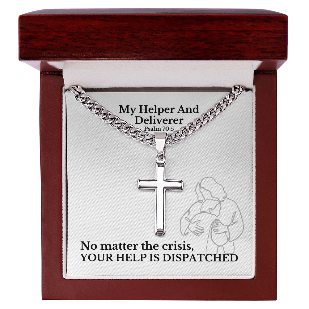 My Helper And Deliverer (Psalm 70:5) | Premium Sterling Silver Cuban Link Cross Necklace