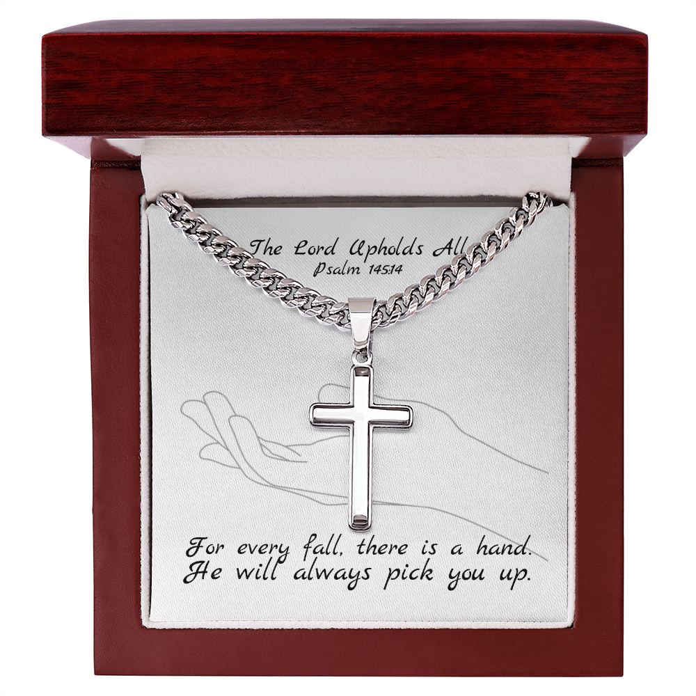 The Lord Upholds All (Psalm 145:14) | Premium Sterling Silver Cuban Link Cross Necklace