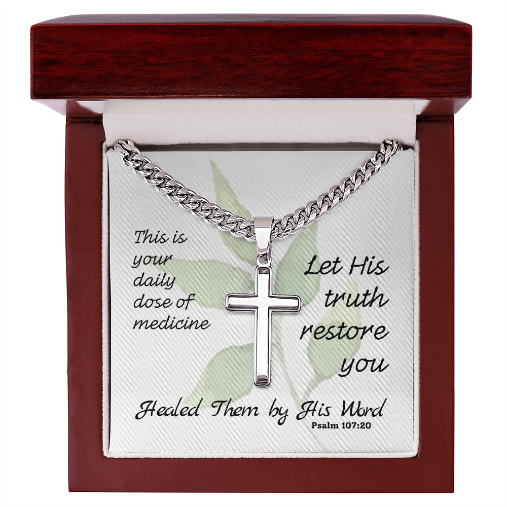 Healed Them By His Words (Psalm 107:20) | Premium Sterling Silver Cuban Link Cross Necklace