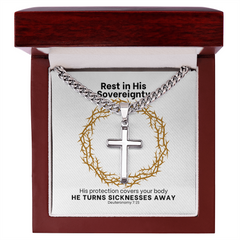 He Turns Sicknesses Away (Deuteronomy 7:15) | Premium Sterling Silver Cuban Link Cross Necklace