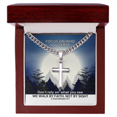 We Walk By Faith, Not By Sight (2 Corinthians 5:7) | Premium Sterling Silver Cuban Link Cross Necklace