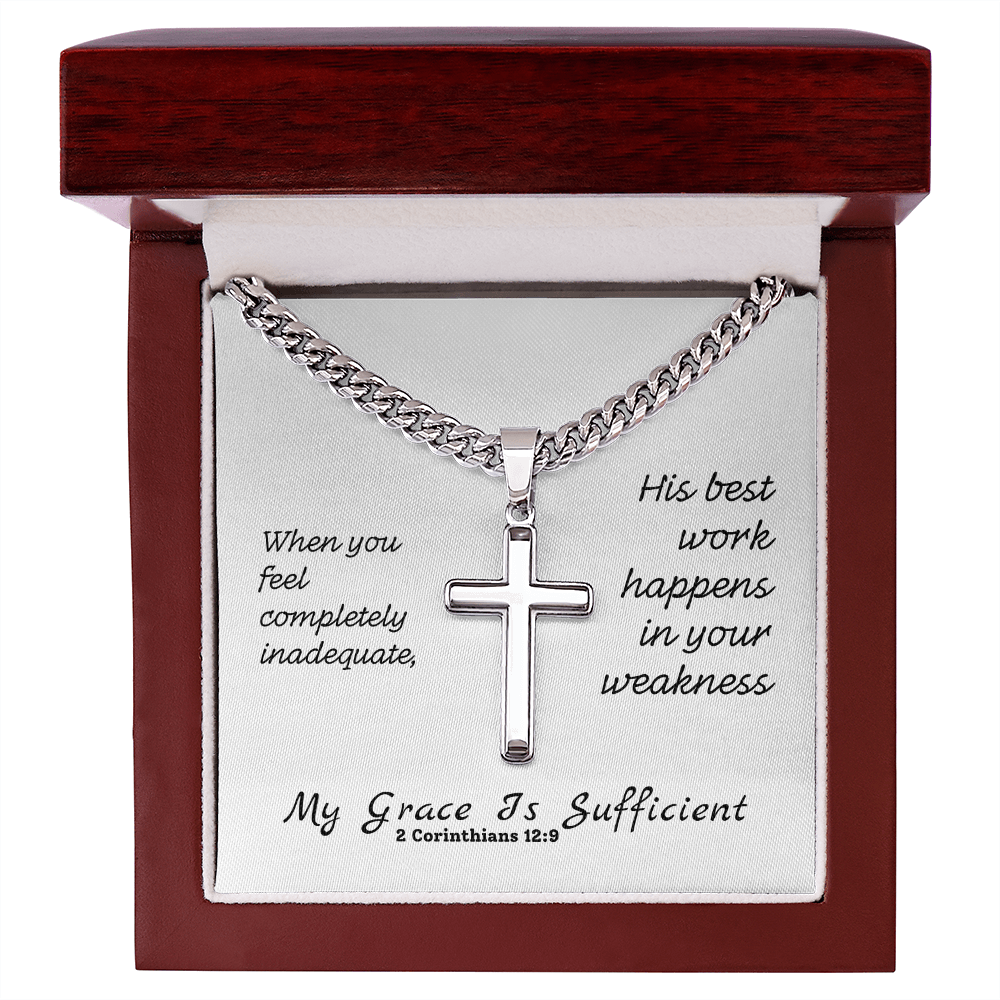 My Grace Is Sufficient (2 Corinthians 12:9) | Premium Sterling Silver Cuban Link Cross Necklace