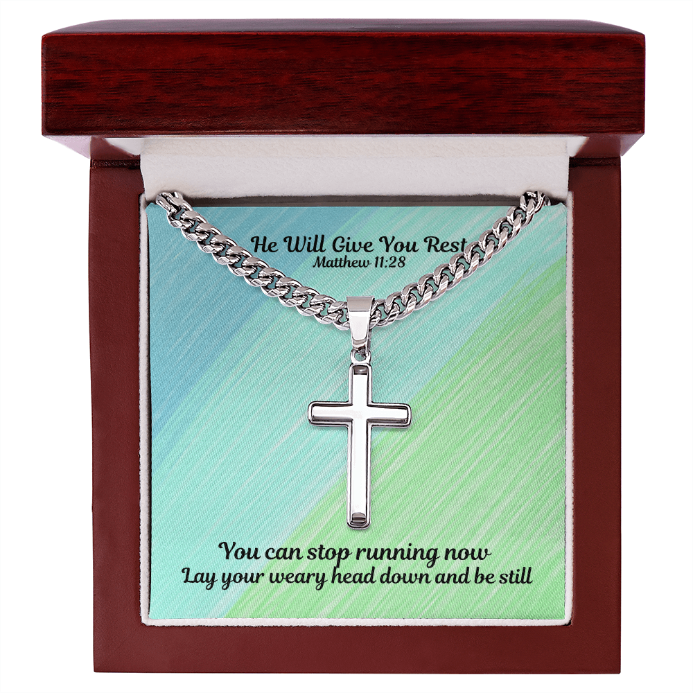 He Will Give You Rest (Matthew 11:28) | Premium Sterling Silver Cuban Link Cross Necklace