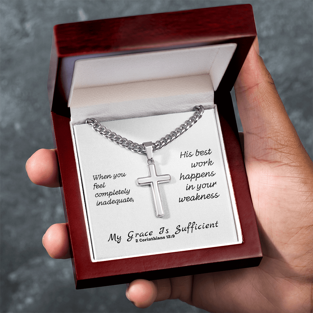My Grace Is Sufficient (2 Corinthians 12:9) | Premium Sterling Silver Cuban Link Cross Necklace