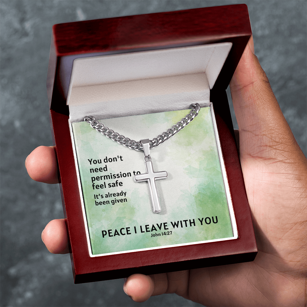Peace I Leave With You (John 14:27) | Premium Sterling Silver Cuban Link Cross Necklace