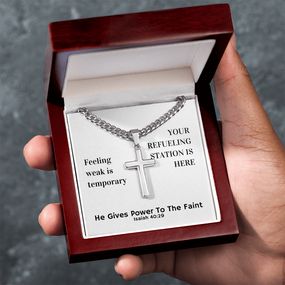 He Gives Power To The Faint (Isaiah 40:29) | Premium Sterling Silver Cuban Link Cross Necklace