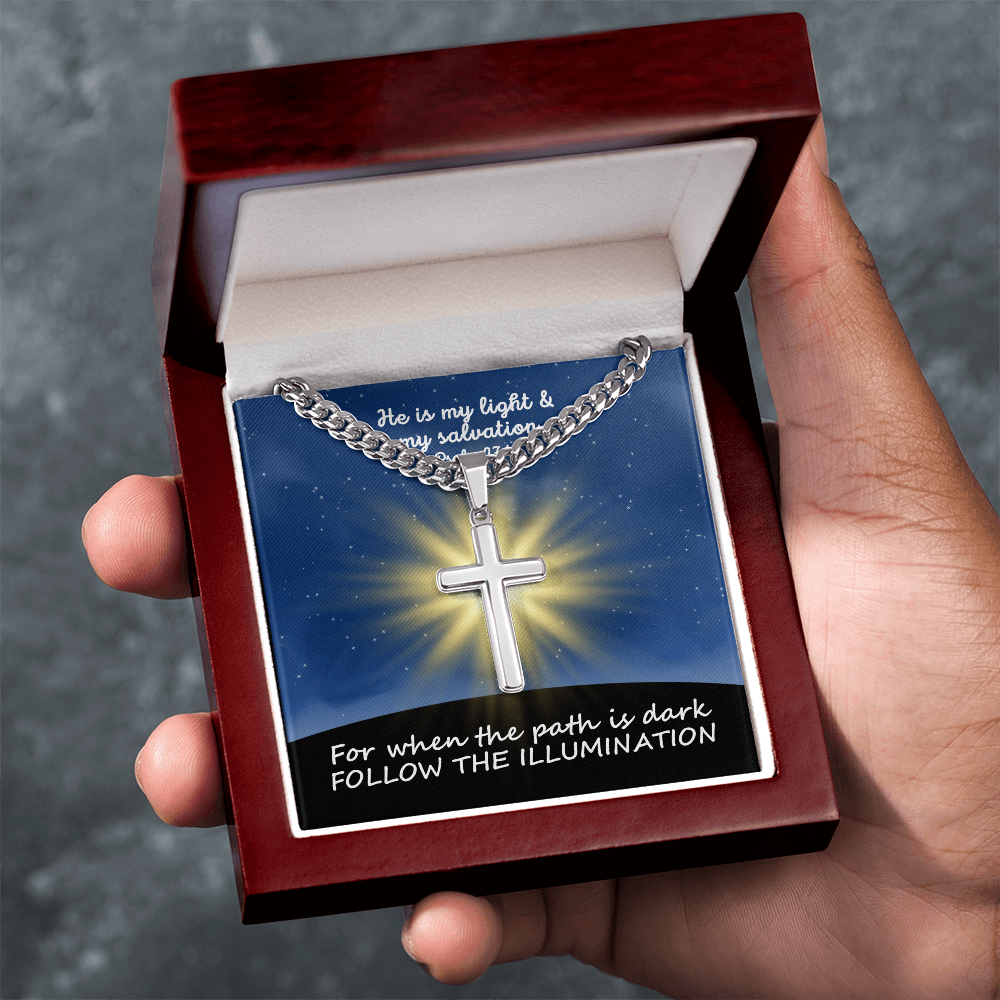 He Is My Light & My Salvation (Psalm 27:1) | Premium Sterling Silver Cuban Link Cross Necklace