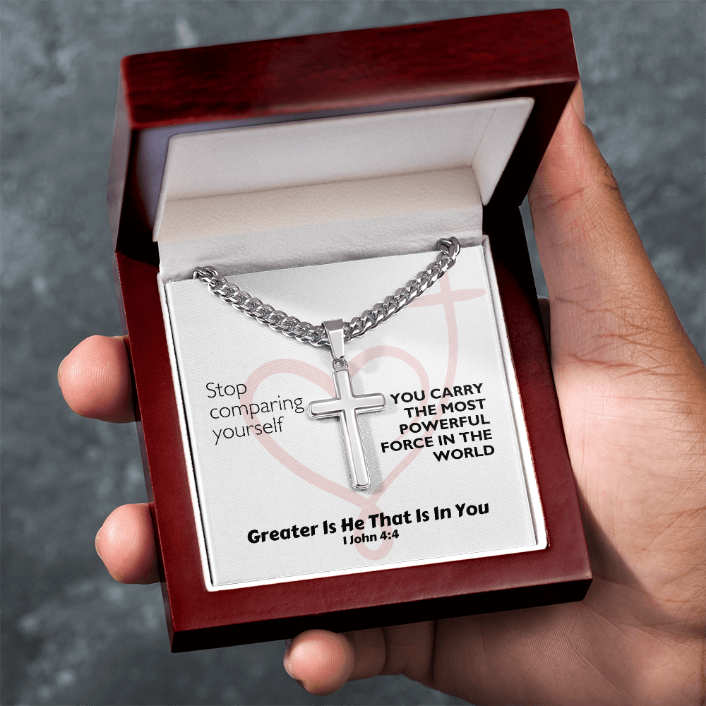 Greater Is He That Is In You (1 John 4:4) | Premium Sterling Silver Cuban Link Cross Necklace