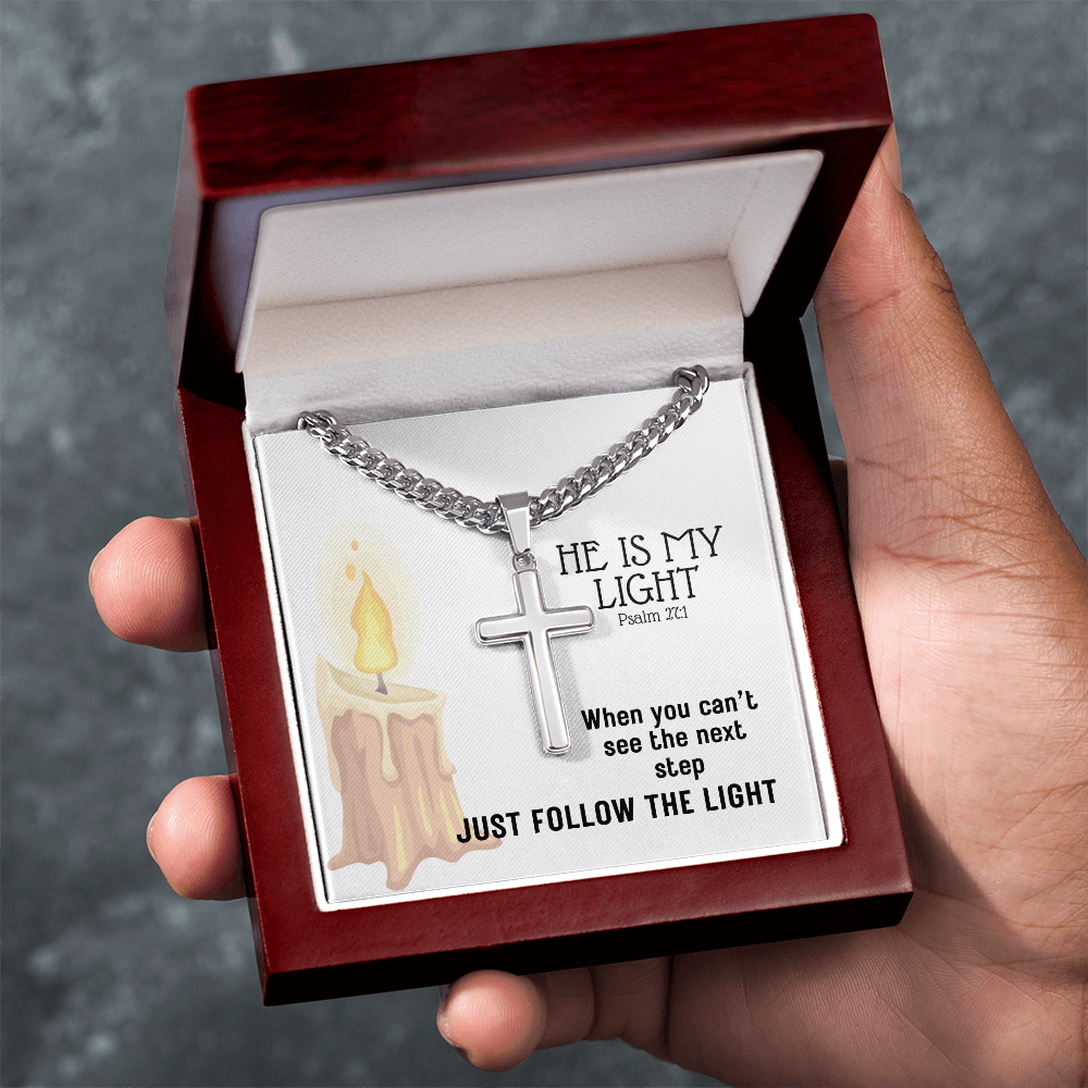 He Is My Light (Psalm 27:1) | Premium Sterling Silver Cuban Link Cross Necklace