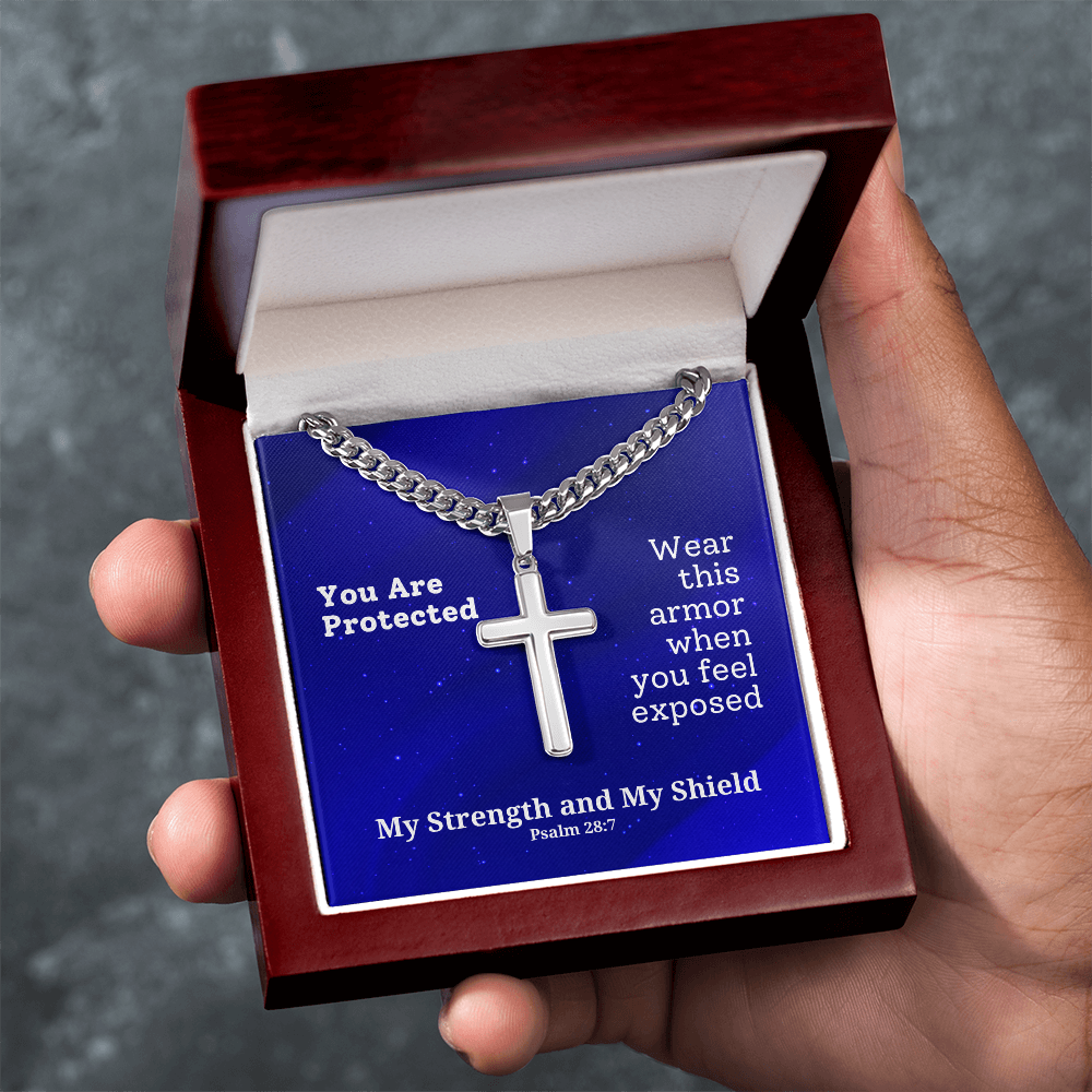 My Strength and My Shield (Psalm 28:7) | Premium Sterling Silver Cuban Link Cross Necklace