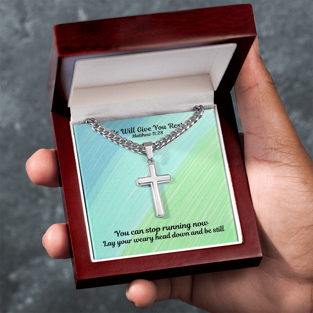 He Will Give You Rest (Matthew 11:28) | Premium Sterling Silver Cuban Link Cross Necklace