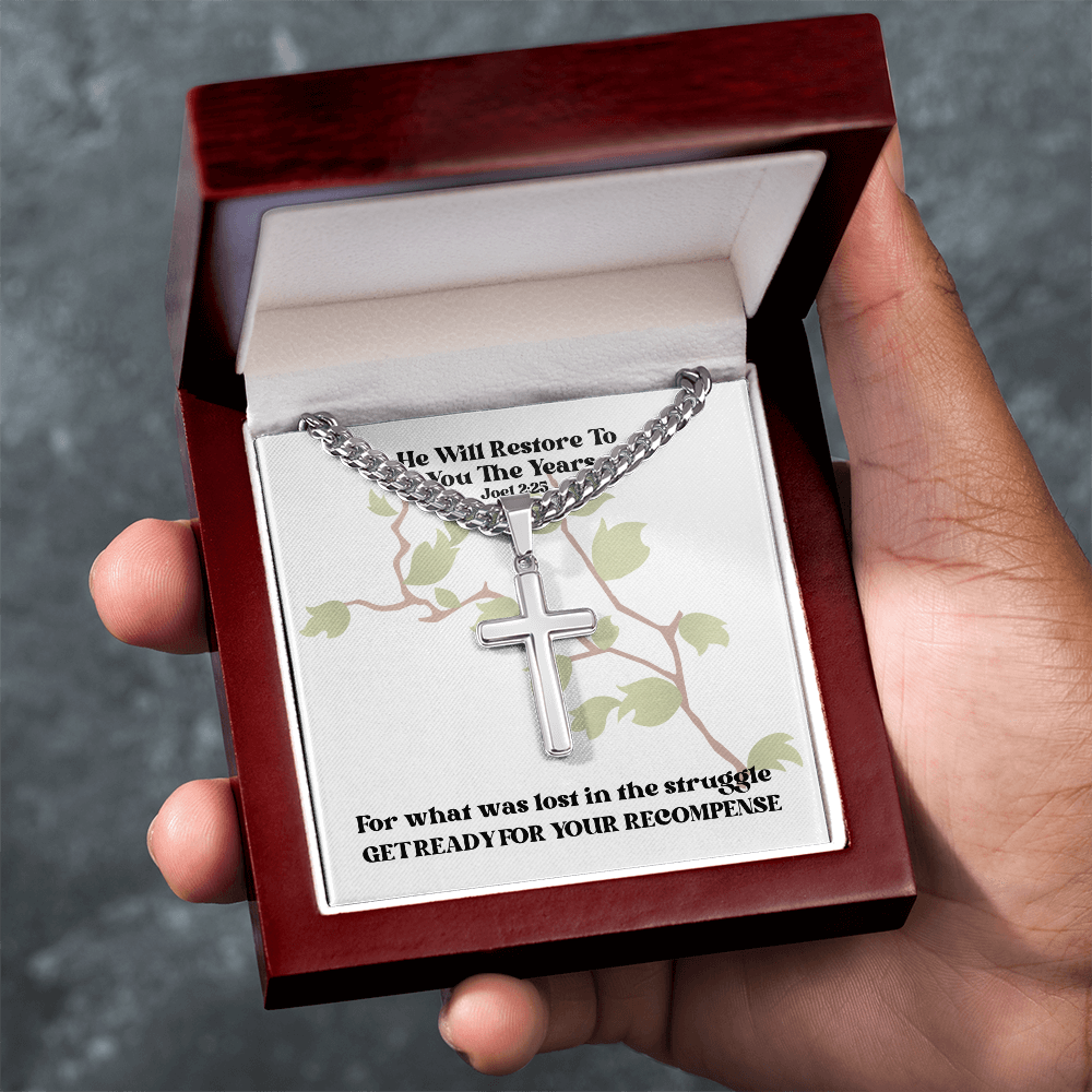 He Will Restore To You The Years (Joel 2:25) | Premium Sterling Silver Cuban Link Cross Necklace