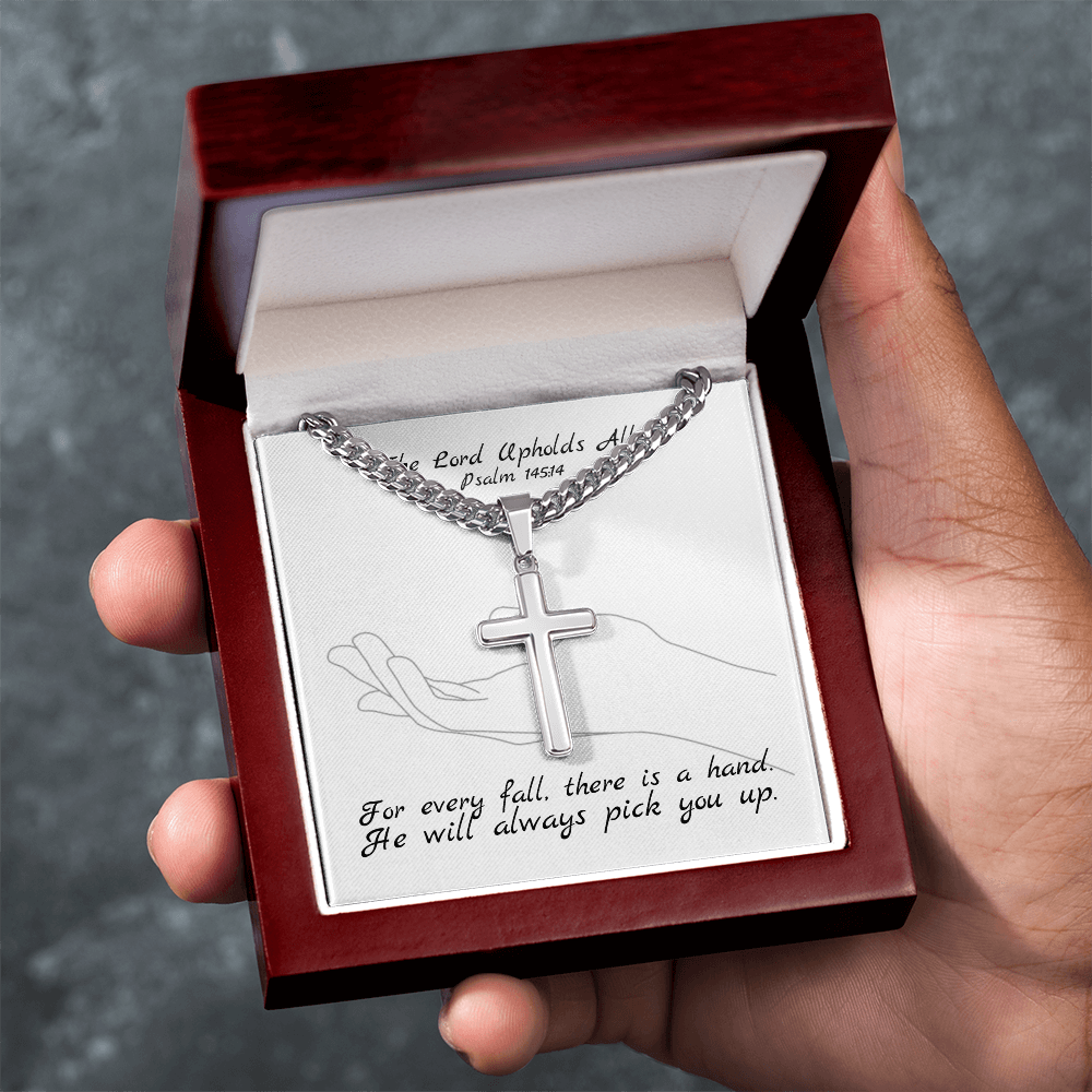 The Lord Upholds All (Psalm 145:14) | Premium Sterling Silver Cuban Link Cross Necklace