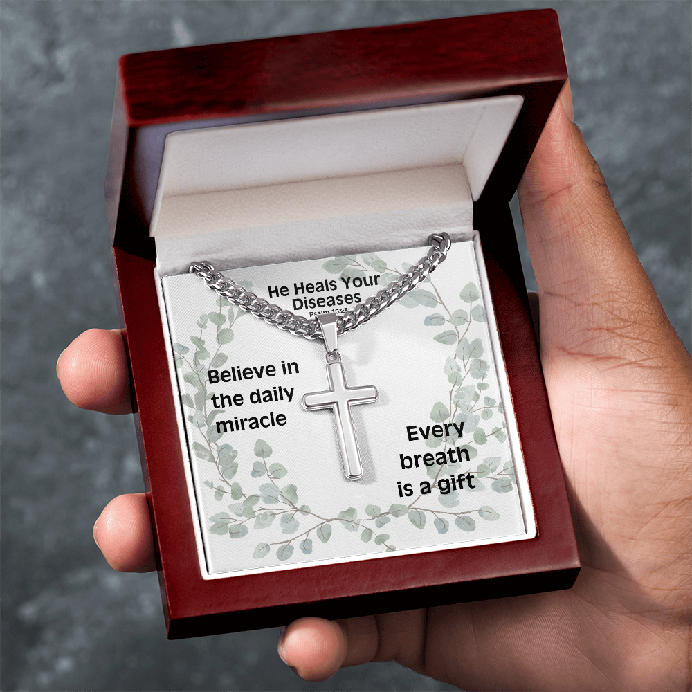 He Heals Your Diseases (Psalm 103:3) | Premium Sterling Silver Cuban Link Cross Necklace