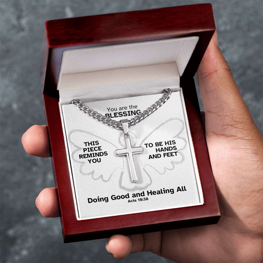 Doing Good And Healing All (Acts 10:38) | Premium Sterling Silver Cuban Link Cross Necklace