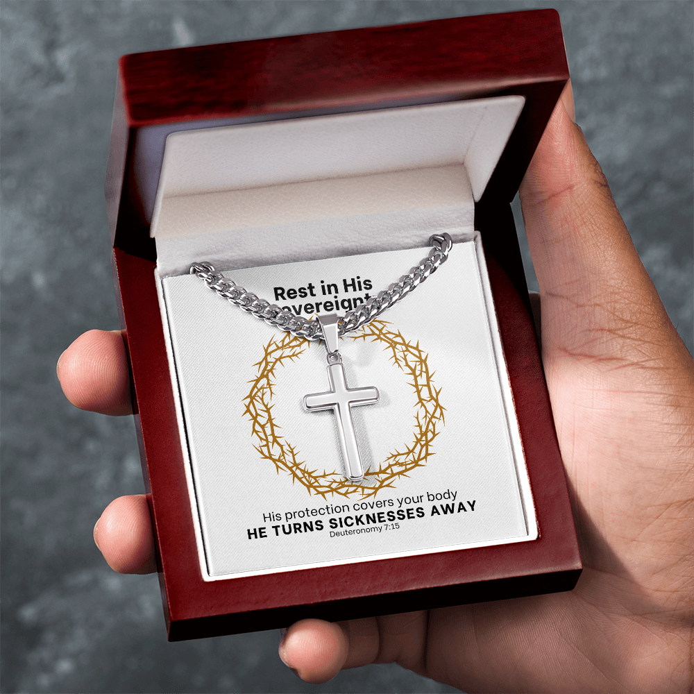 He Turns Sicknesses Away (Deuteronomy 7:15) | Premium Sterling Silver Cuban Link Cross Necklace