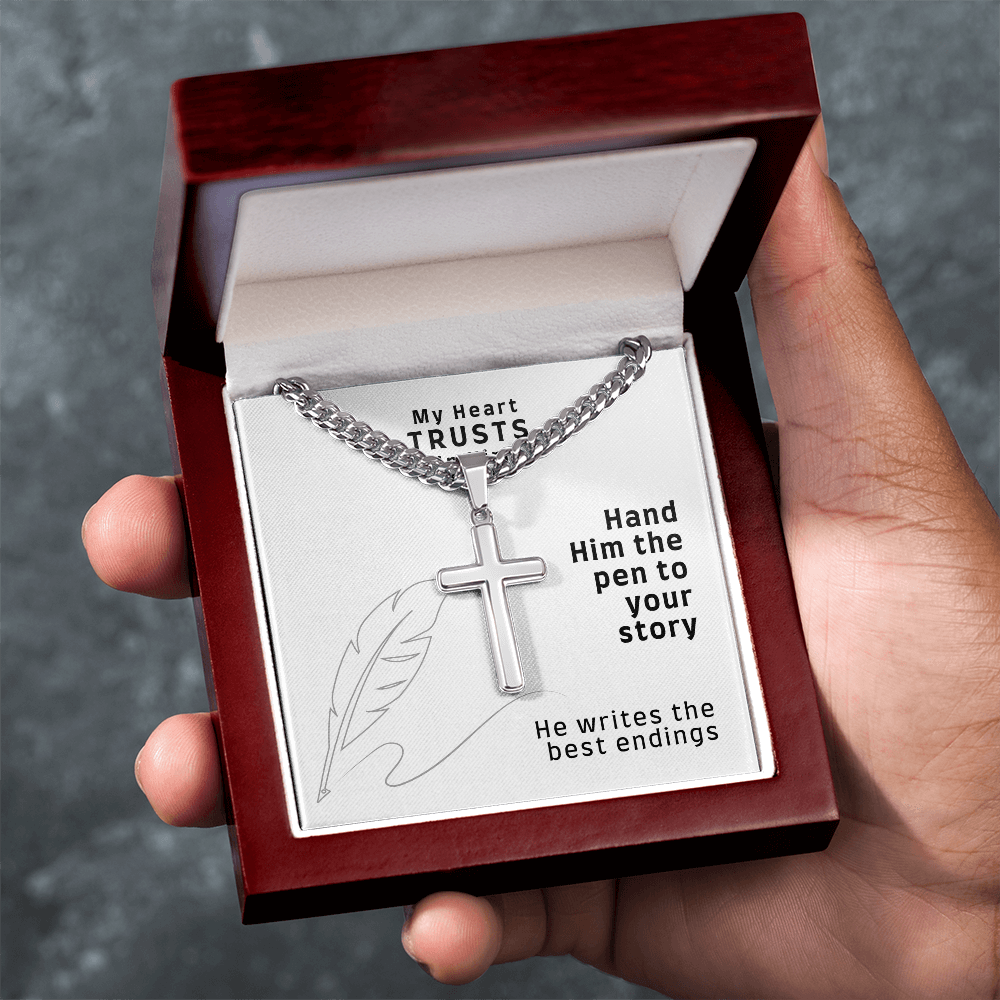 My Heart Trusts In Him (Psalm 28:7) | Premium Sterling Silver Cuban Link Cross Necklace