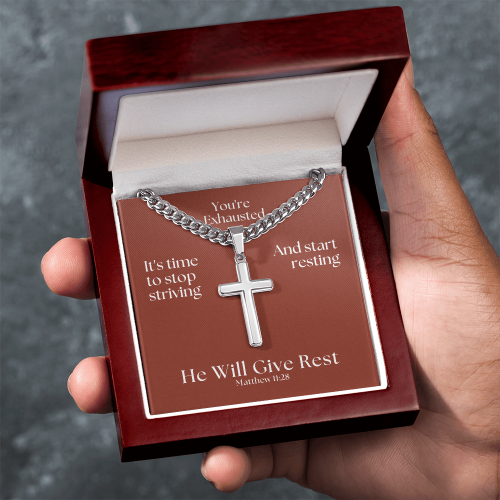 He Will Give  Rest (Matthew 11:28) | Premium Sterling Silver Cuban Link Cross Necklace