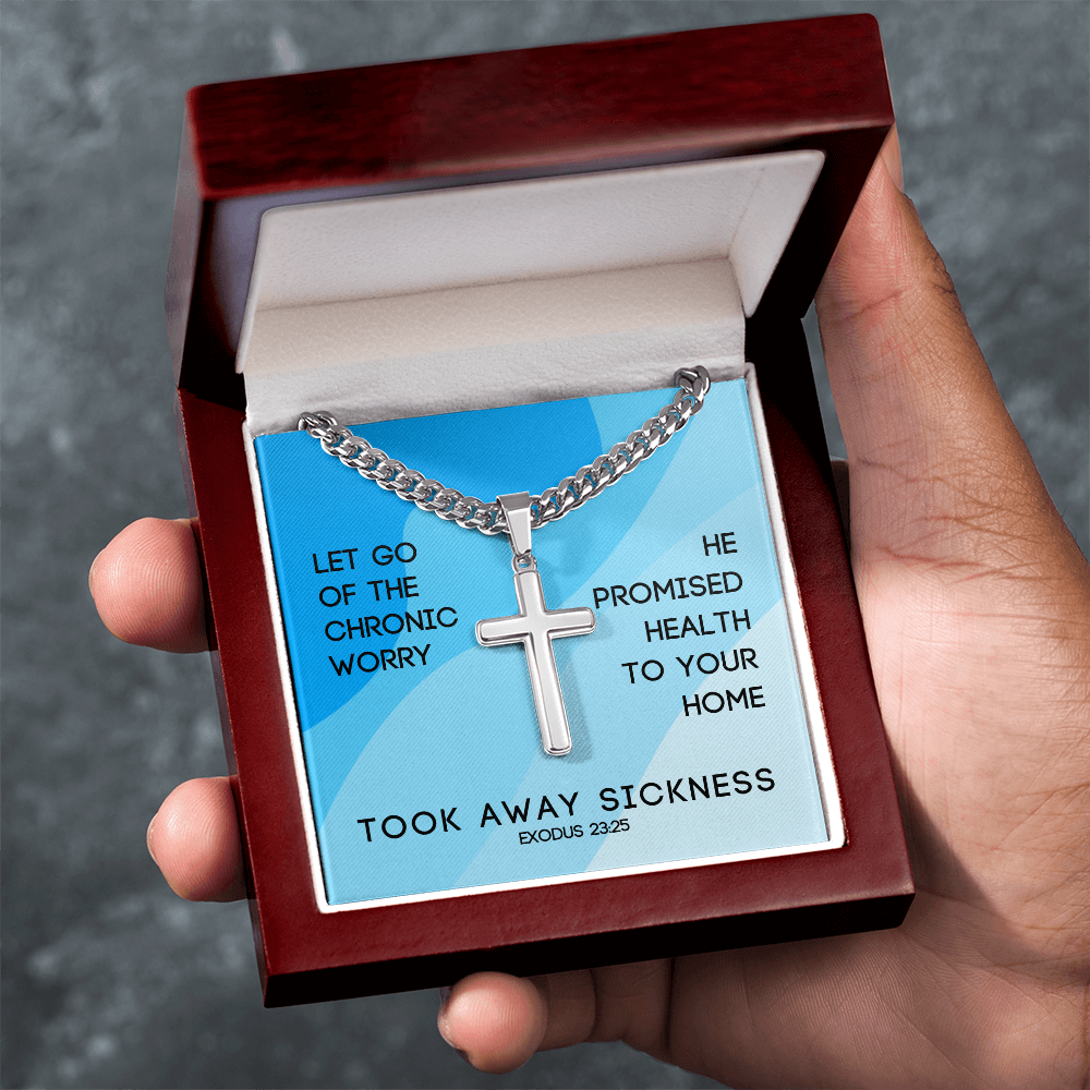 Took Away Sickness (Exodus 23:25) | Premium Sterling Silver Cuban Link Cross Necklace
