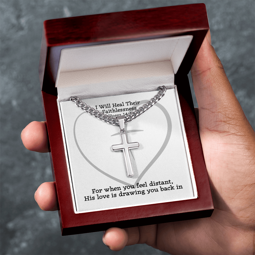 I Will Heal Their  Faithlessness (Hosea 14:4) | Premium Sterling Silver Cuban Link Cross Necklace